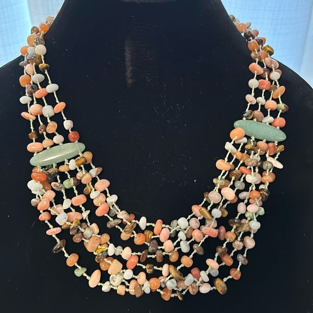 Multi Strand Gemstone Bead Bib Necklace #105 statement piece jade green